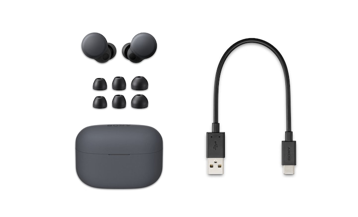תמונה של מארז אוזניות LinkBuds S באפור עם LinkBuds S‏, 3 זוגות נוספים של קצוות אוזניות כפתור וכבל טעינה מסוג USB-C