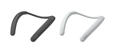 Three-quarter view of two SRS-NB10 Wireless Neckband Speakers, one in black, one in white