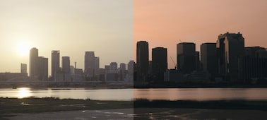 תמונות של נוף עירוני שמציגות את מדרגיות הצבע לפני ואחרי