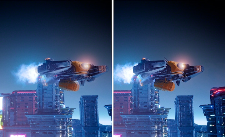 תמונת מסך כפול של חללית המרחפת מעל עיר עם תמונה משמאל המציגה צללים ותמונה מימין המציגה בהירות משופרת
