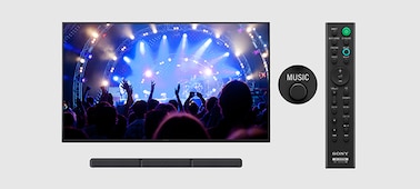 TV, soundbar and remote showing Music Mode