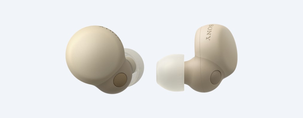 אוזניות LinkBuds S זהובות עם תמונות מזווית קדמית ומזווית צדדית