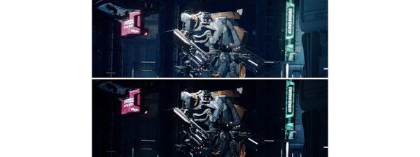 תמונת מסך מפוצל של רובוט בעיר עתידנית ומעליה תמונה המציגה כיצד אקוולייזר השחור משפר את רמת הפירוט בתנאי חושך
