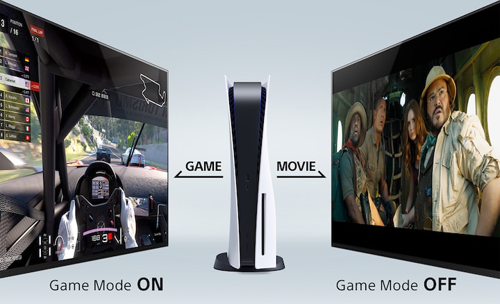 שתי טלוויזיות BRAVIA עם PS5™‎ במרכז. בשמאלית מצב המשחק מופעל. בימנית מצב המשחק מושבת.