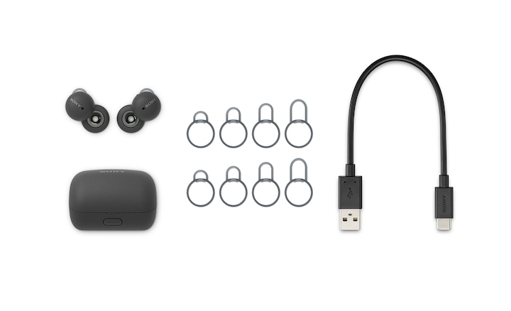תמונה של מארז LinkBuds אפור עם אוזניות LinkBuds, חמישה גדלים של קשתות תמיכה וכבל טעינה USB-C