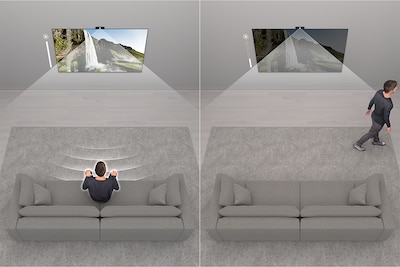 תצוגת מסך מפוצל עם תמונה בצד שמאל שמציגה אדם שיושב על ספה וצופה בטלוויזיה, ותמונה בצד ימין שמציגה אדם שיוצא מהחדר על רקע של מסך חשוך.