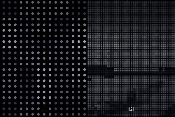 תמונה של מסך מפוצל שמשווה דוגמת נקודות LED בטלוויזיית Full Array LED רגילה מצד שמאל, עם דוגמת נקודות LED כמעט בלתי-נראית בטלוויזיית Mini LED TV מצד ימין שמראה את היתרון שיש לנורות ה-LED הקטנות והצפופות יותר
