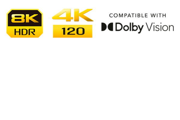 תמונת הלוגו של 8K HDR, הלוגו של 4K 120 והלוגו של Compatible with Dolby Vision.