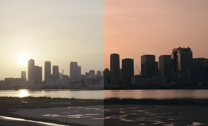 תמונות של נוף עירוני שמציגות את מדרגיות הצבע לפני ואחרי