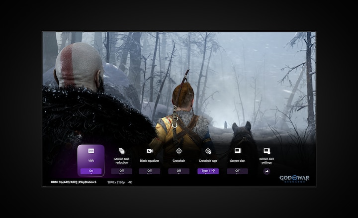 צילום מסך המציג את תפריט הגדרות המשחקים של BRAVIA מעל סצנה מתוך God of War Ragnarok