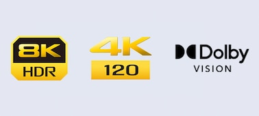 סמלי לוגו של 8K HDR‏, 4K 120 ו-Dolby Vision
