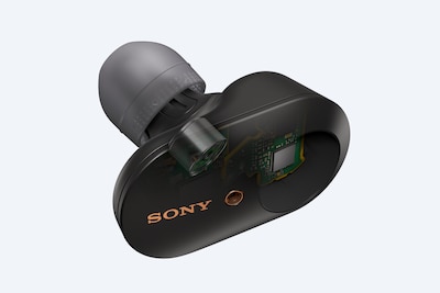 תמונת תקריב של אוזניית כפתור WF-1000XM3 שמראה יחידת דרייבר בגודל 6 מ"מ