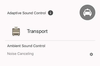 איור של בקרת קול מתכווננת המציג סמלי מונית ואוטובוס עם המילה 'Transport' ותכונת ביטול הרעשים מסומנות