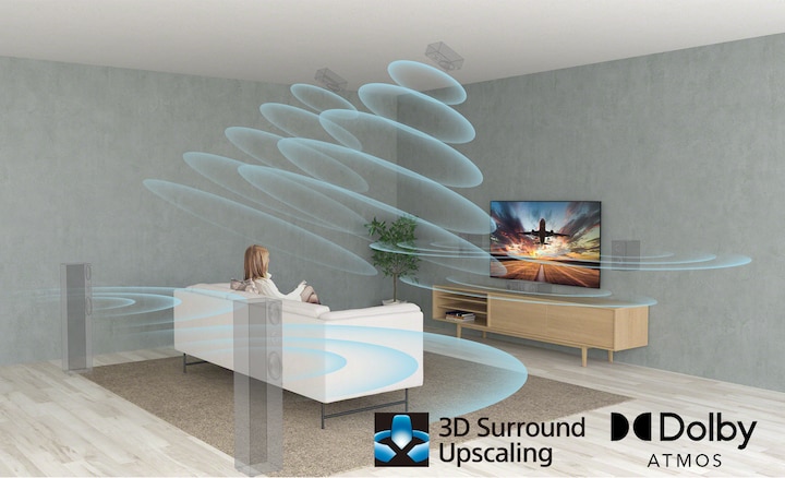 תמונת סלון שבה רואים אישה על ספה צופה בטלוויזיה עם אפקט הצליל ההיקפי של XR Surround