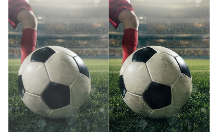 שתי תמונות של כדורגל על מגרש מול כף רגל של שחקן, להשוואת איכויות התמונה