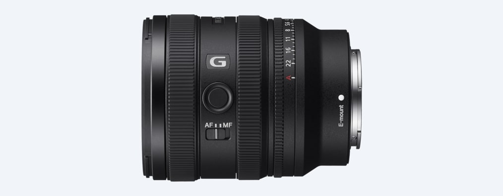 תמונת מוצר המציגה מבט מצד שמאל על העדשה, עם הלוגו של עדשת G Lens