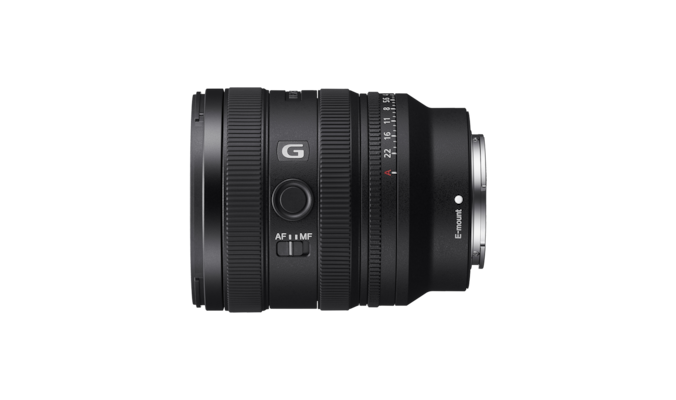 תמונת מוצר המציגה מבט מצד שמאל על העדשה, עם הלוגו של עדשת G Lens