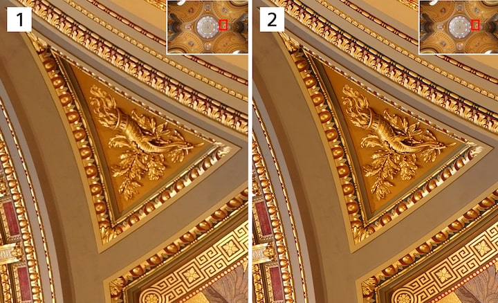 שתי תמונות של פרטים ארכיטקטוניים המשווים תמונה רגילה ותמונה מורכבת שנעשתה בעזרת Pixel Shift Multi Shooting