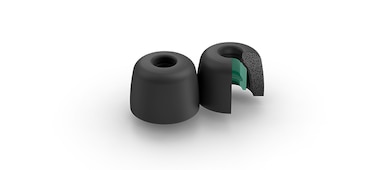 זוג קצוות אוזניות כפתור לבידוד רעשים מסוג EP-NI1000M, שאחד מהם חתוך וחושף חתך פנימי ירוק
