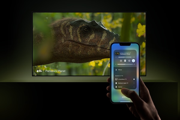 טלוויזיה שמותקנת על קיר עם צילום מסך של ראש דינוזאור, ומלפנים יד שאוחזת בטלפון חכם שבמסך שלו מוצג יישום