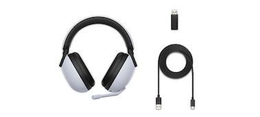 תמונה קבוצתית המציגה אוזניות, מקלט-משדר מסוג USB וכבל טעינה